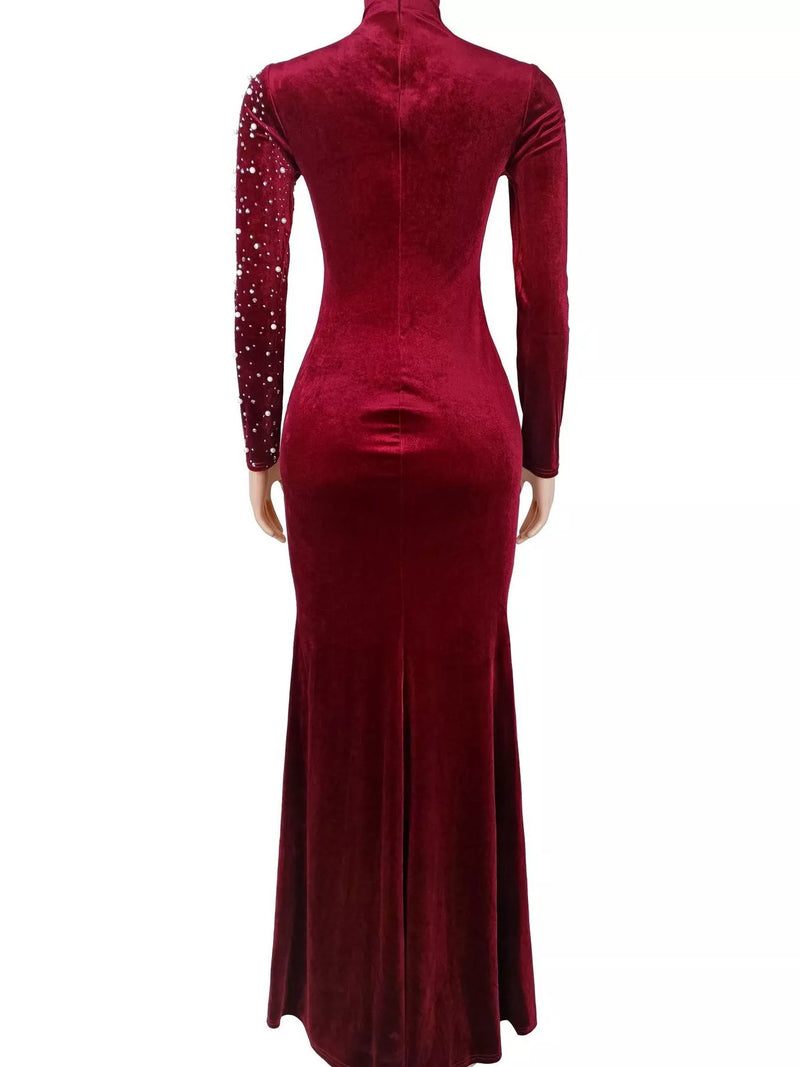 Long Sleeve Velvet Evening Gown for Women with Rhinestones and Mermaid Hem in Burgundy, back view on form