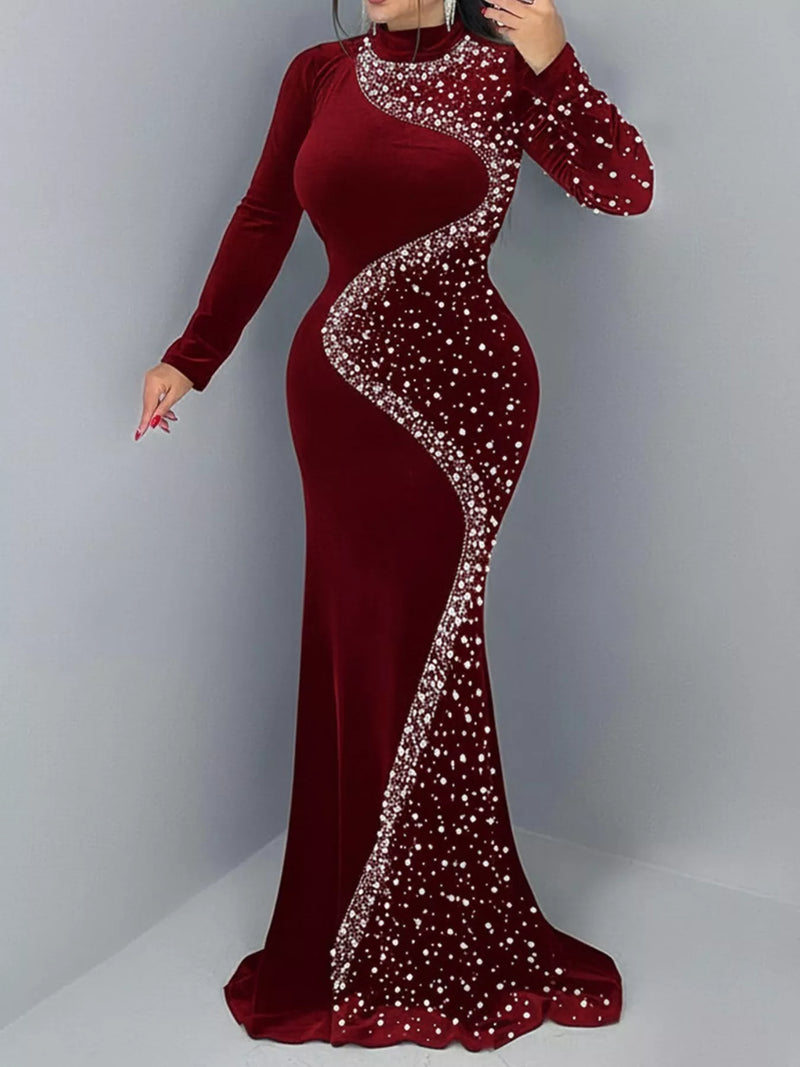 Long Sleeve Velvet Evening Gown for Women with Rhinestones and Mermaid Hem in Burgundy, front view