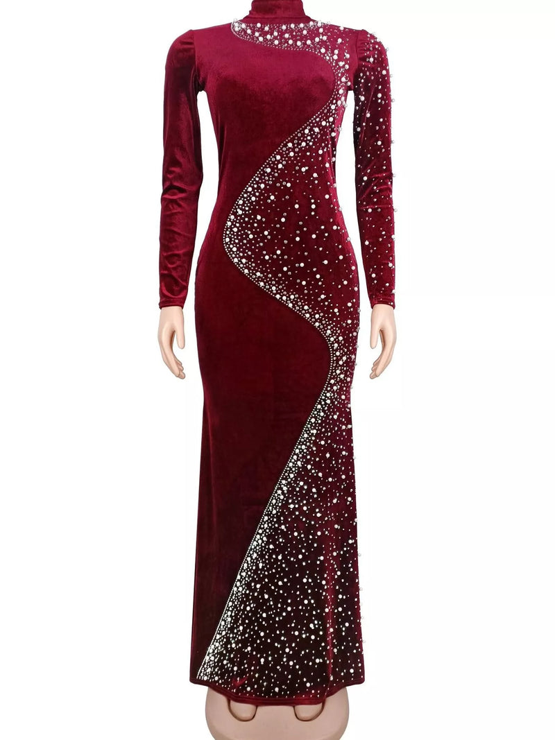 Long Sleeve Velvet Evening Gown for Women with Rhinestones and Mermaid Hem in Burgundy, front view on form