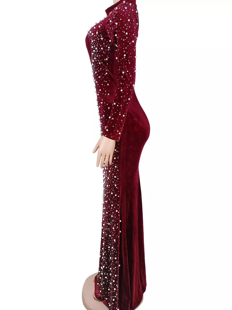 Long Sleeve Velvet Evening Gown for Women with Rhinestones and Mermaid Hem in Burgundy, side view