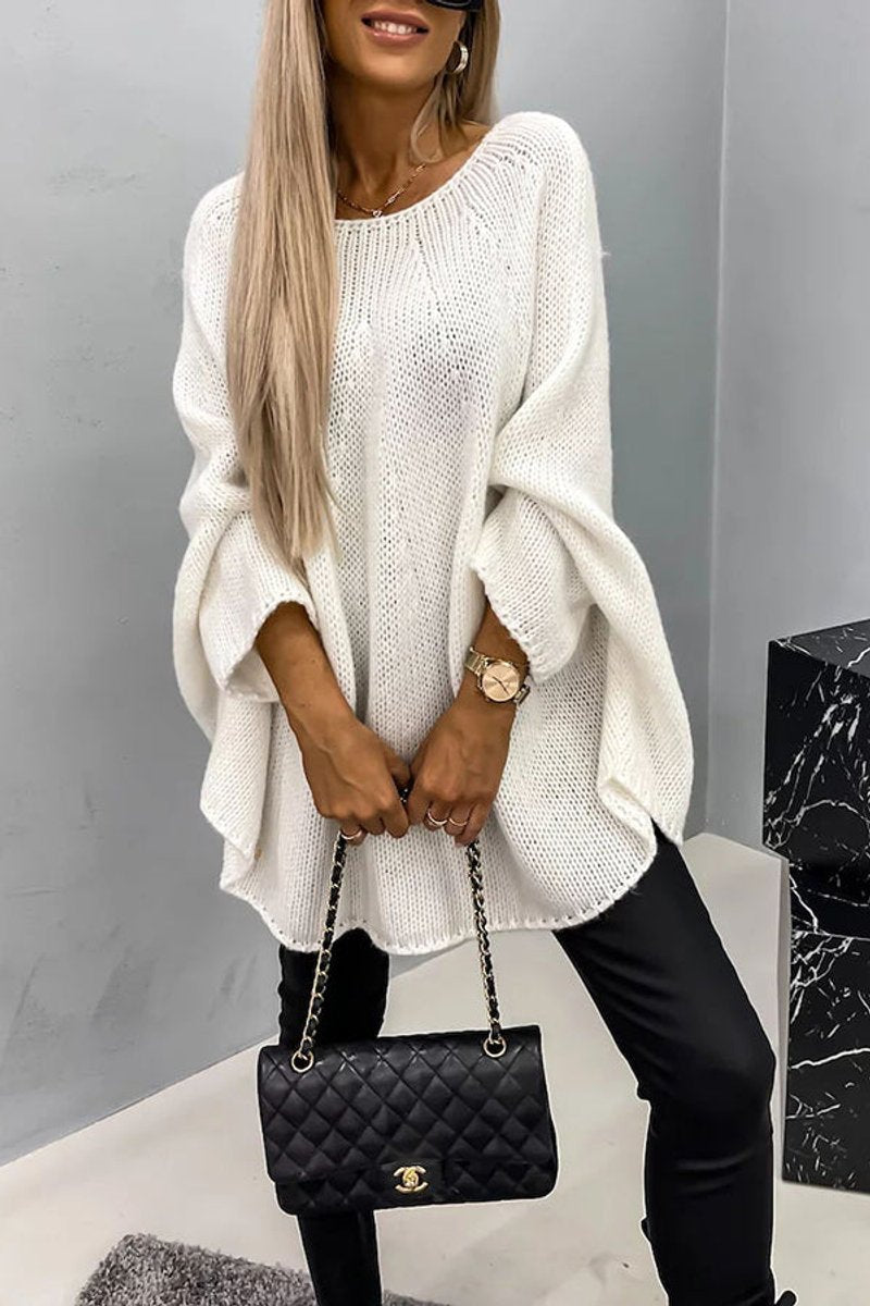 Oversized Batwing Sweater for Women with Open Knit and Curved Hem in Cream, front view
