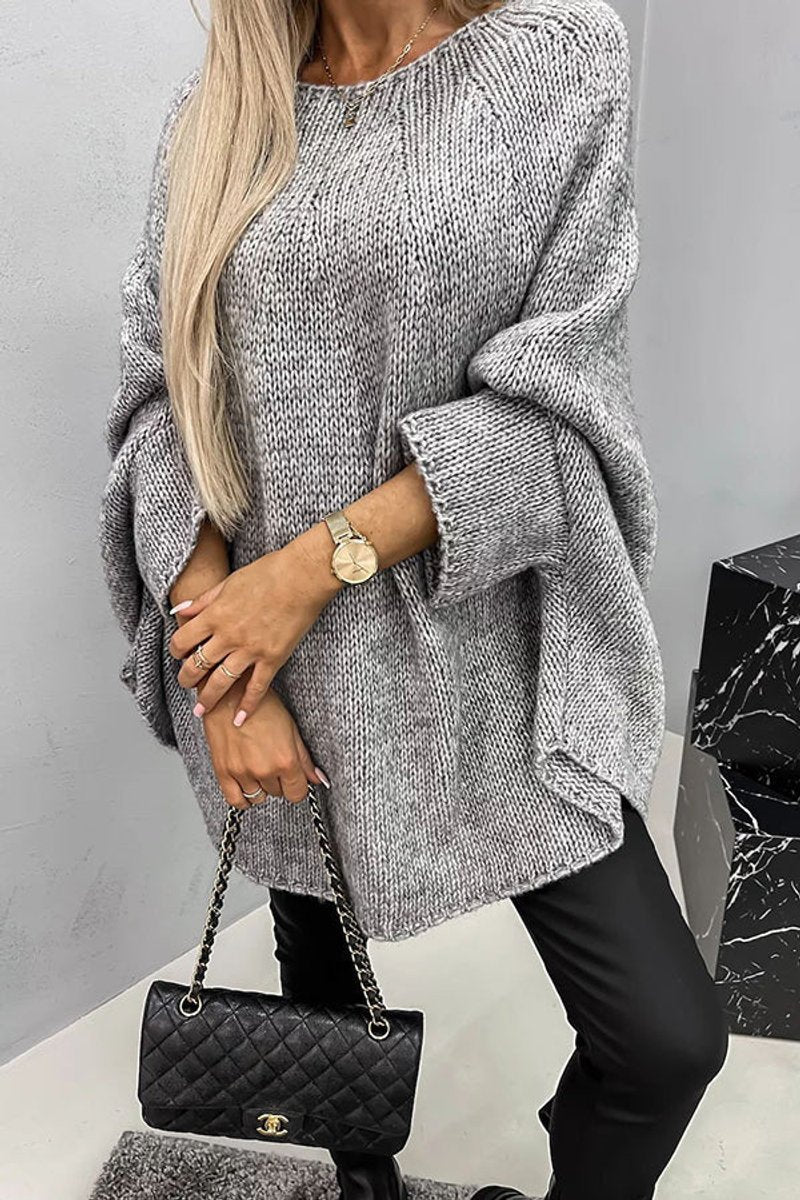 Oversized Batwing Sweater for Women with Open Knit and Curved Hem in Gray, front view