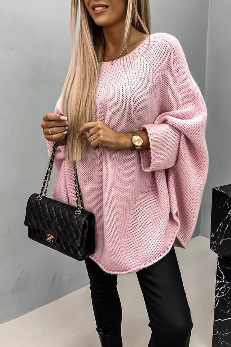 Oversized Batwing Sweater for Women with Open Knit and Curved Hem in Pink, front view