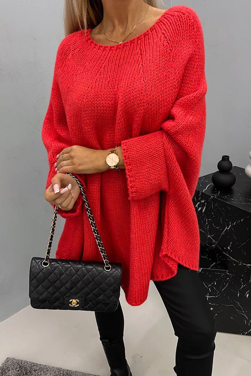 Oversized Batwing Sweater for Women with Open Knit and Curved Hem in Red, front view