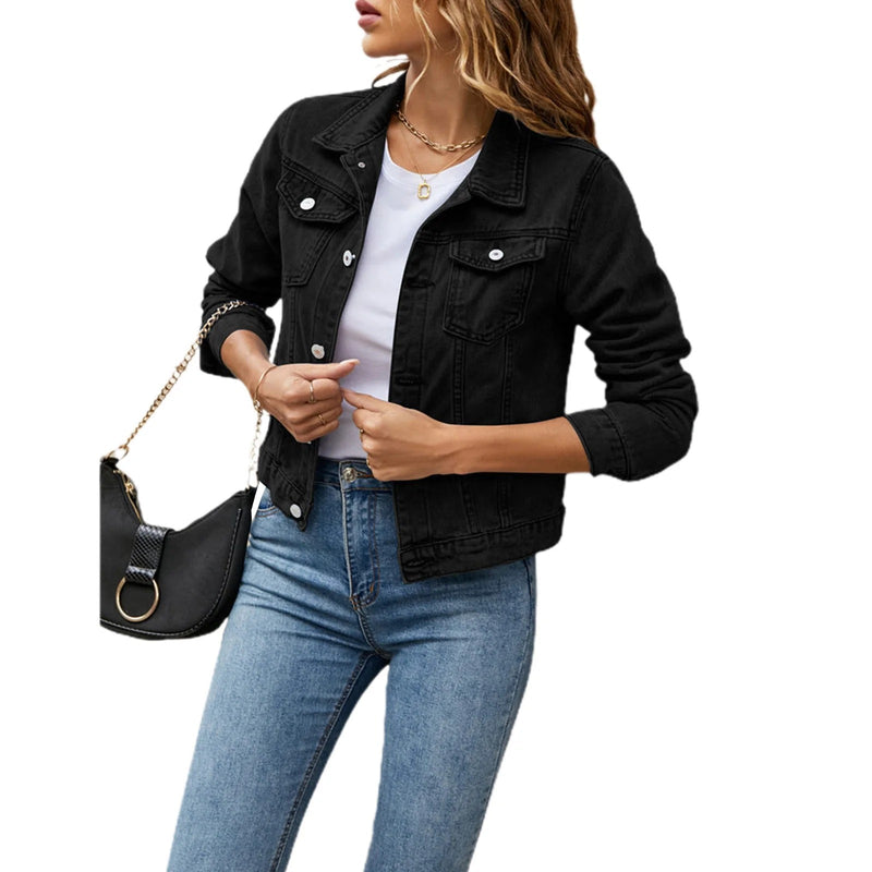 Cropped Denim Jacket for Women with Button Front and Chest Flap Pockets in Black, front view
