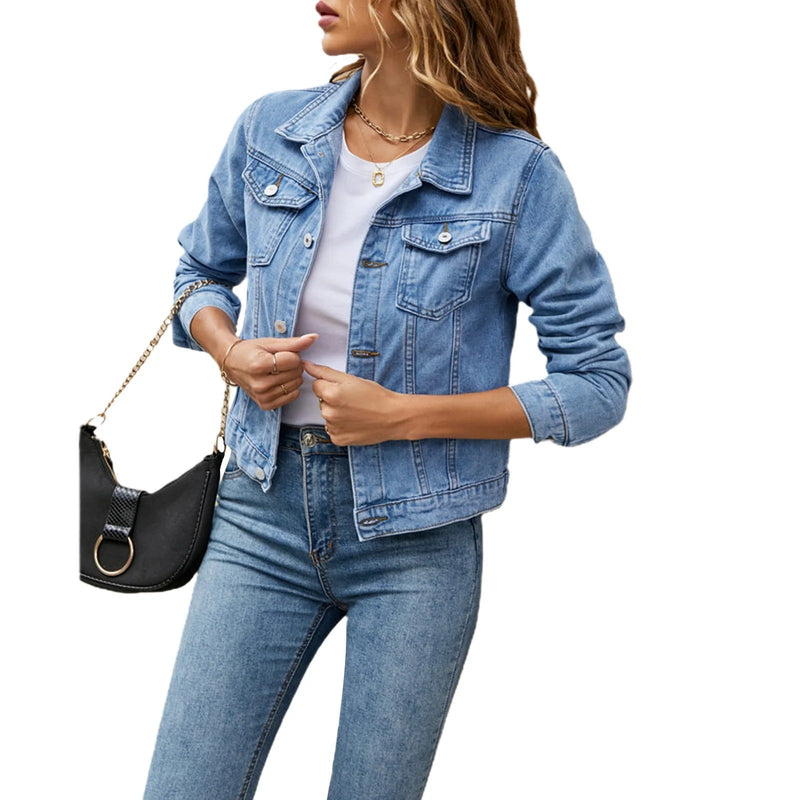 Cropped Denim Jacket for Women with Button Front and Chest Flap Pockets in Light Blue, front view