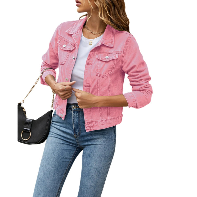 Cropped Denim Jacket for Women with Button Front and Chest Flap Pockets in Light Pink, front view