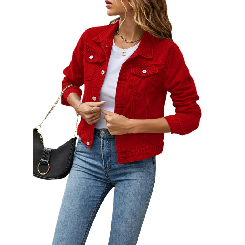 Cropped Denim Jacket for Women with Button Front and Chest Flap Pockets in Red, front view