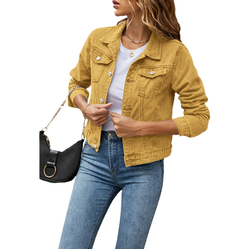 Cropped Denim Jacket for Women with Button Front and Chest Flap Pockets in Yellow, front view