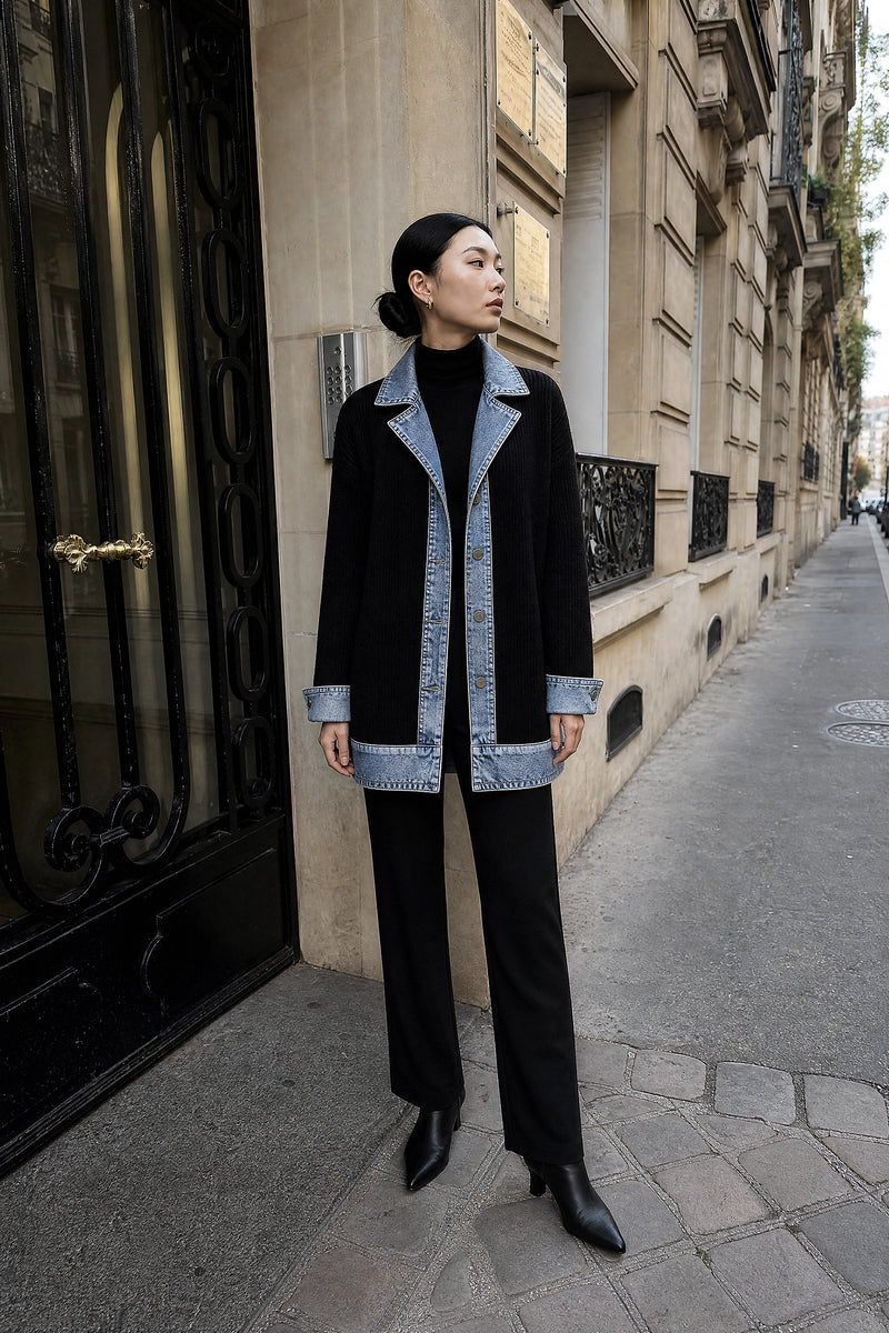 SOFAINE-V7-LIFE-Karen | Contrast Texture Blazer in Black, street-style view