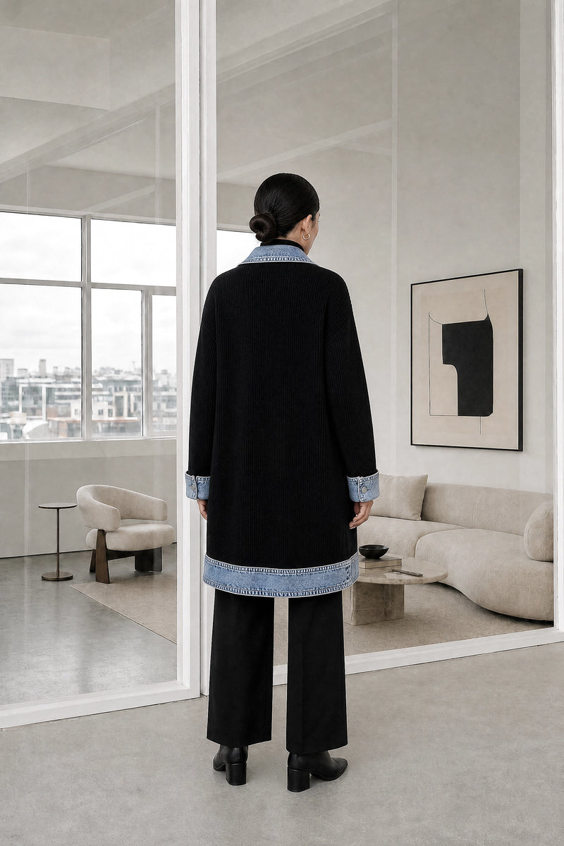 Karen | Contrast Texture Blazer in Black, studio back view