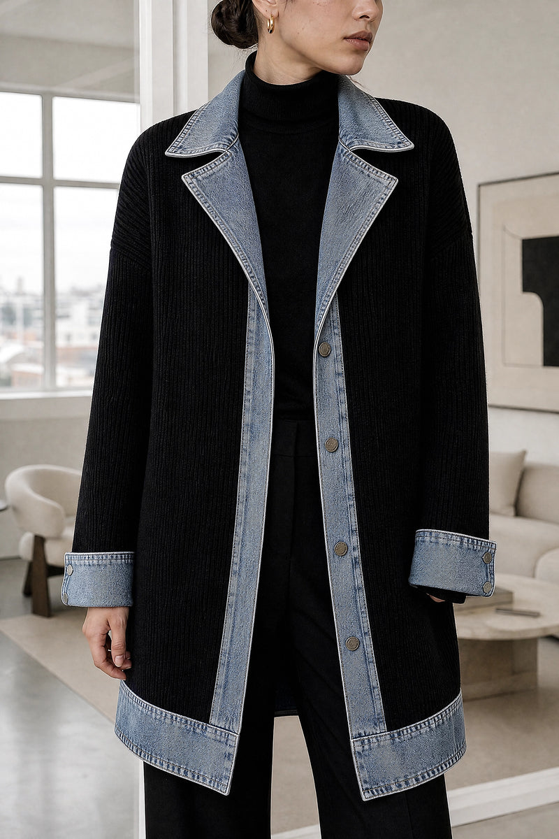 Karen | Contrast Texture Blazer in Black, fabric close-up