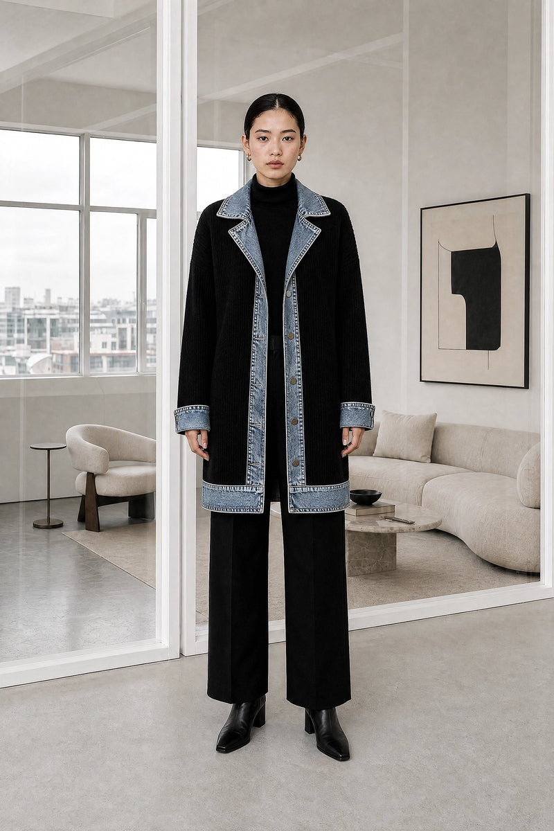 Karen | Contrast Texture Blazer in Black, studio front view