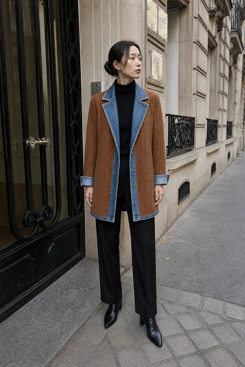 SOFAINE-V7-LIFE-Karen | Contrast Texture Blazer in Khaki, street-style view