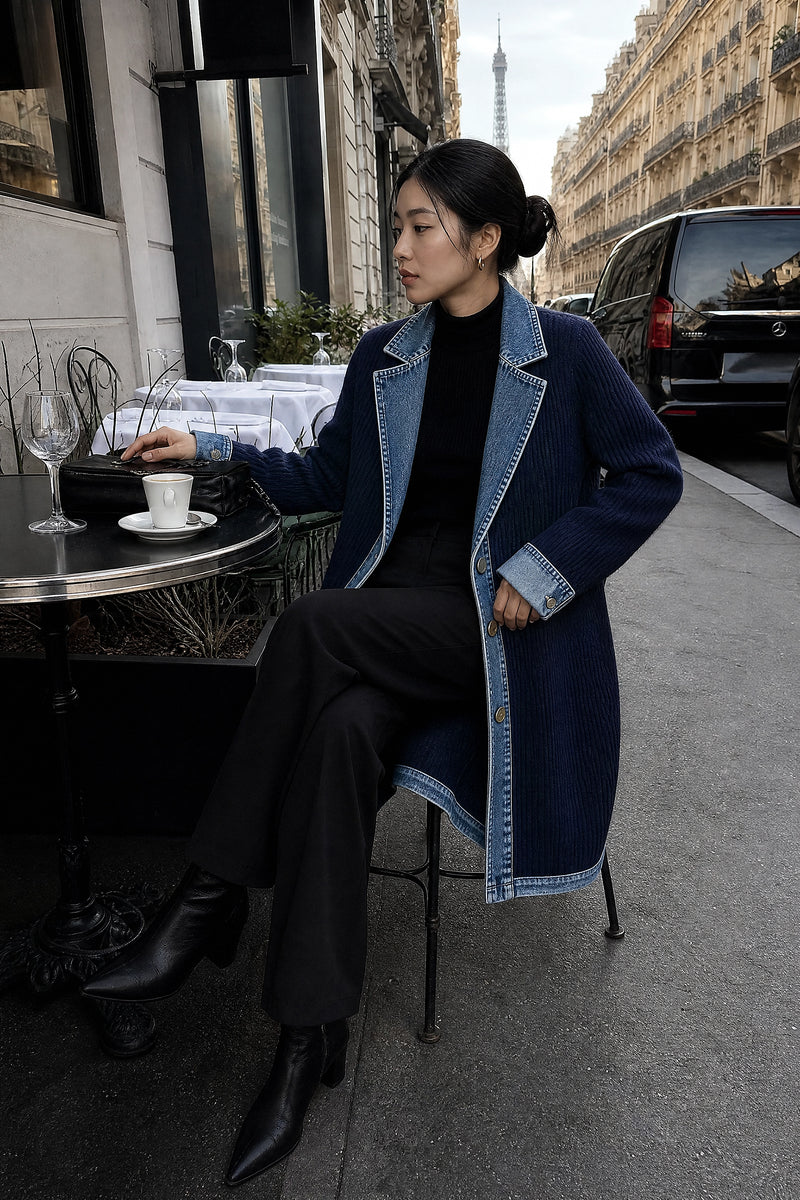 SOFAINE-V7-LIFE-Karen | Contrast Texture Blazer in Navy, café scene