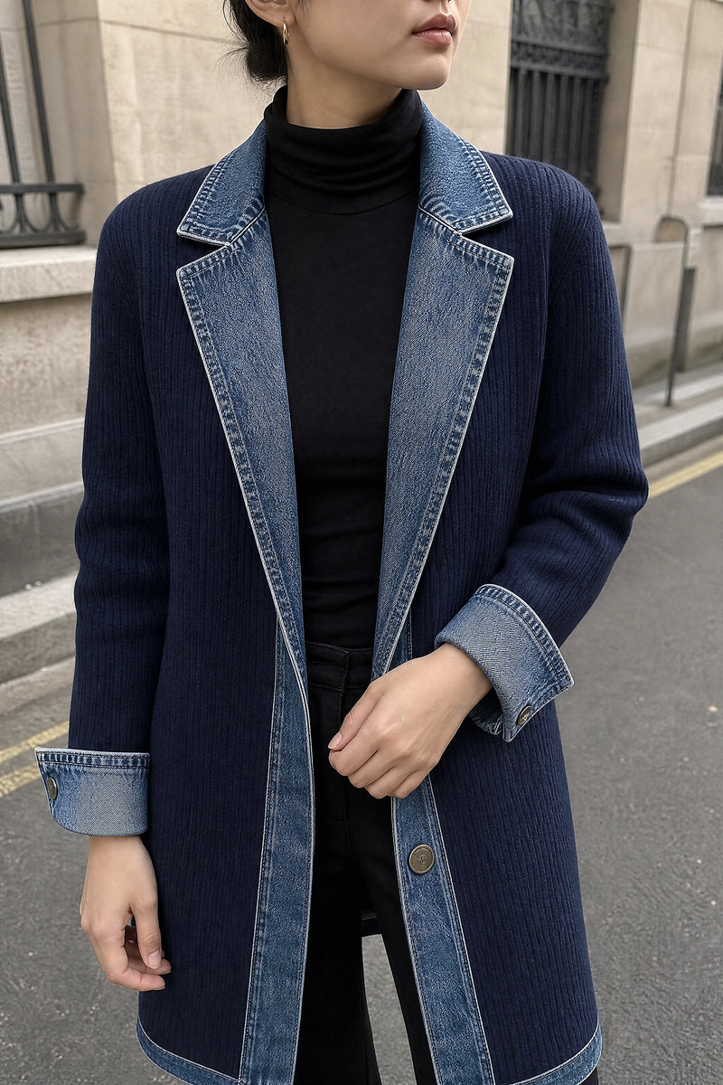 SOFAINE-V7-LIFE-Karen | Contrast Texture Blazer in Navy, detail close-up