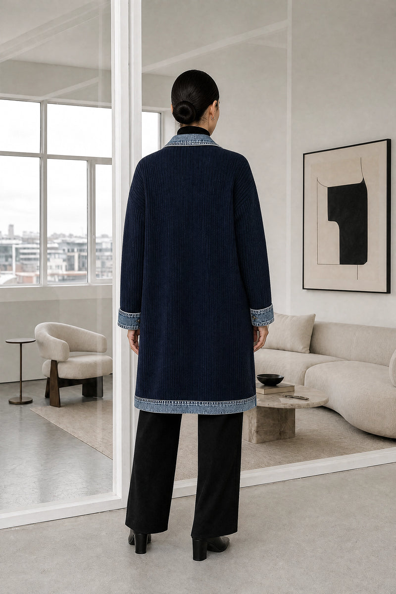 Karen | Contrast Texture Blazer in Navy, studio back view