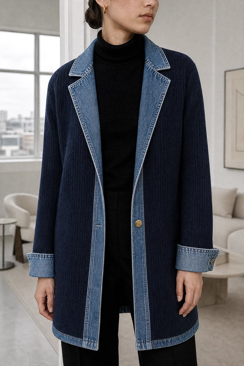 Karen | Contrast Texture Blazer in Navy, fabric close-up