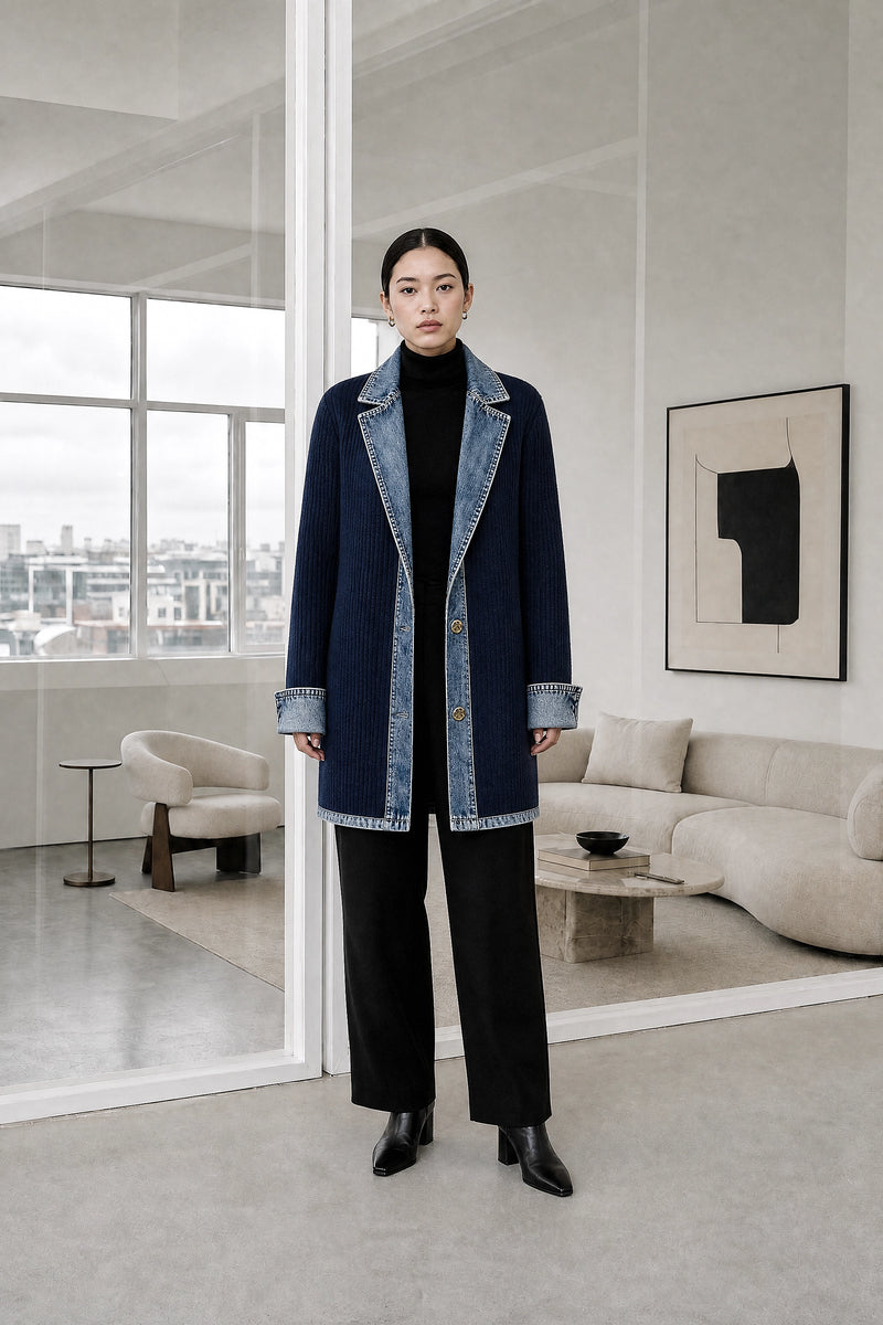 Karen | Contrast Texture Blazer in Navy, studio front view