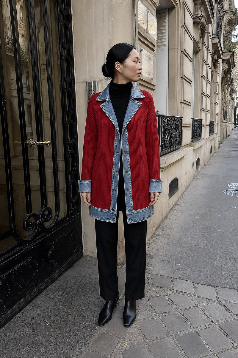 SOFAINE-V7-LIFE-Karen | Contrast Texture Blazer in Red, street-style view