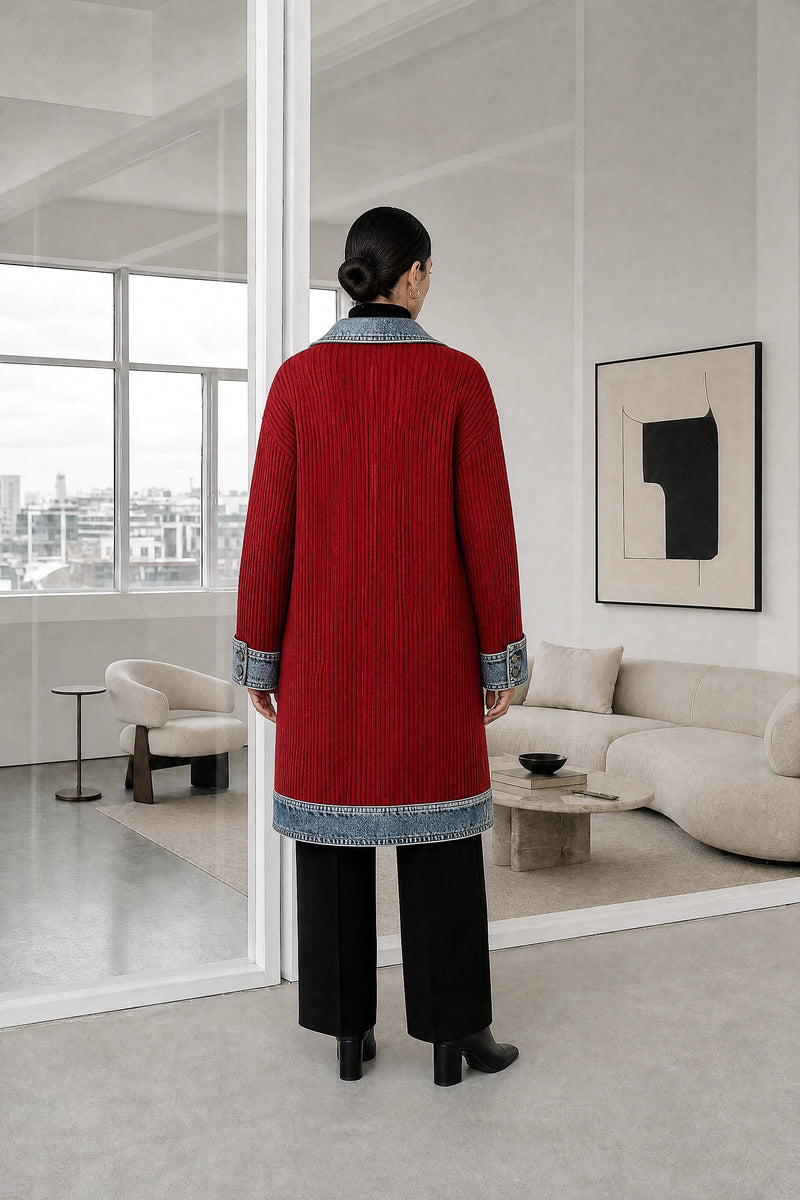 Karen | Contrast Texture Blazer in Red, studio back view