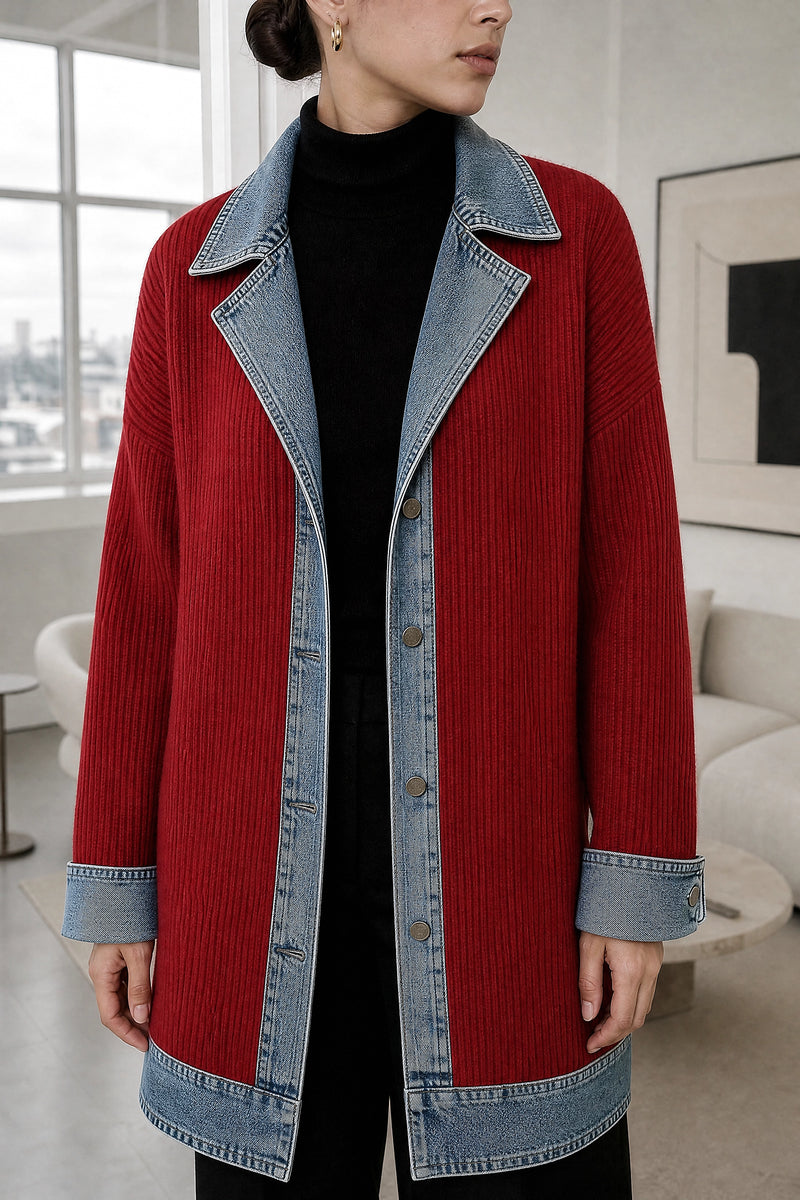 Karen | Contrast Texture Blazer in Red, fabric close-up