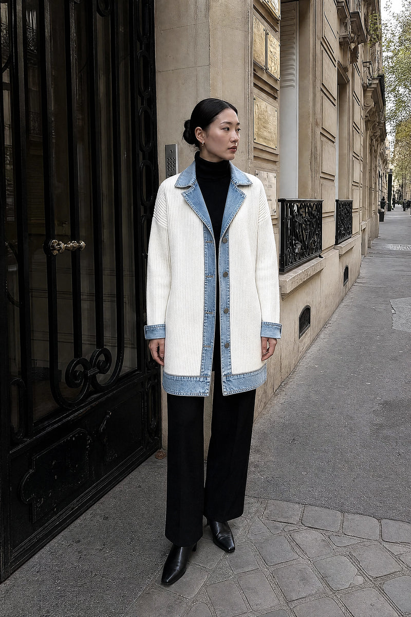 SOFAINE-V7-LIFE-Karen | Contrast Texture Blazer in White, street-style view