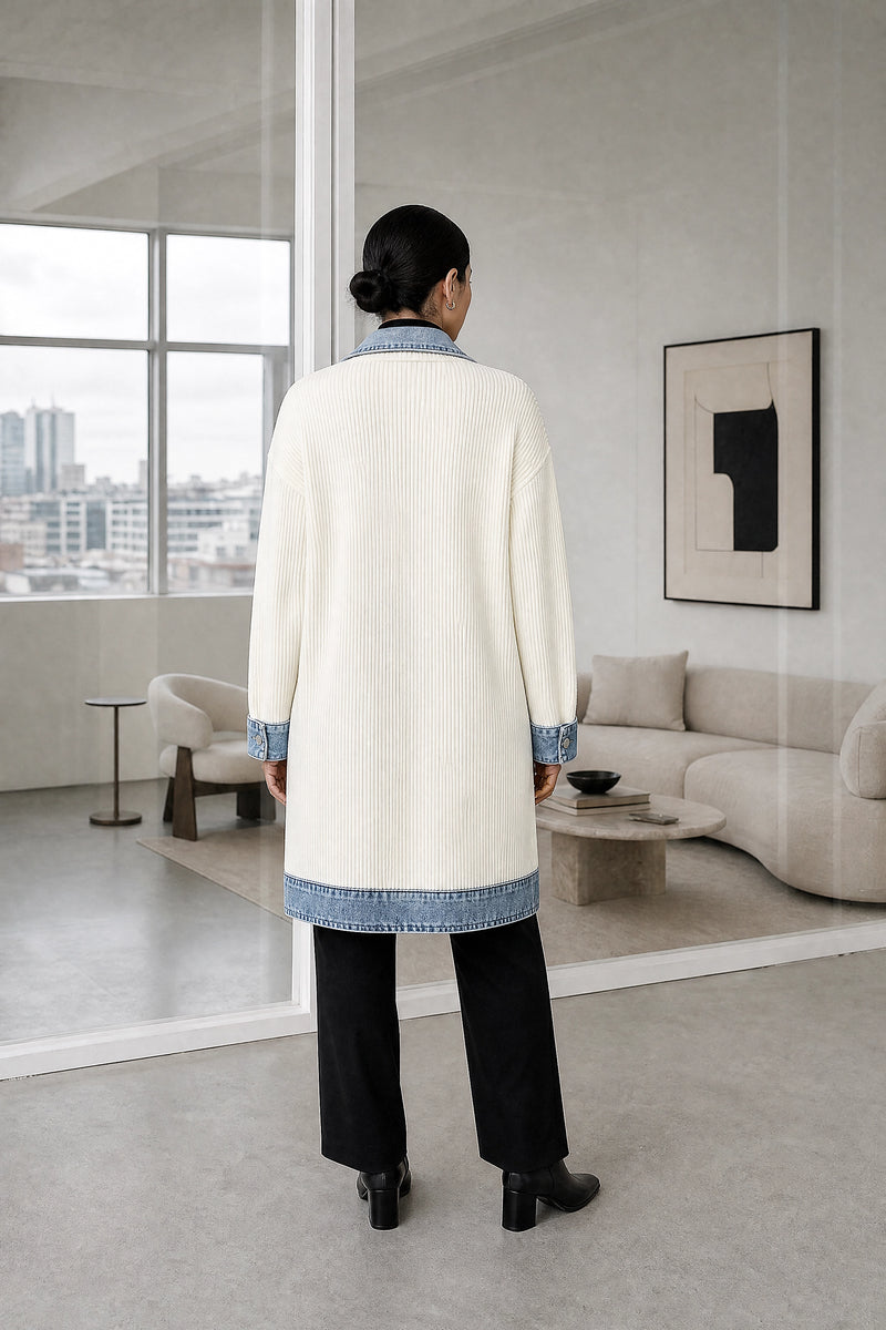 Karen | Contrast Texture Blazer in White, studio back view