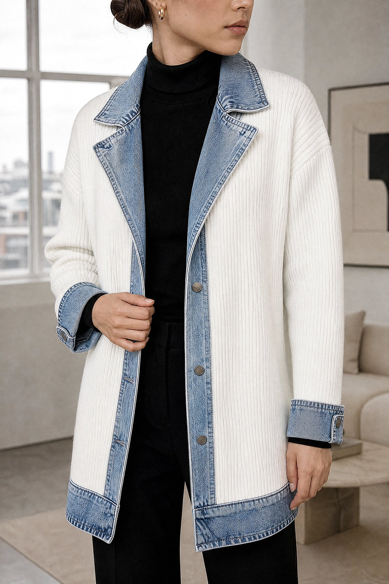 Karen | Contrast Texture Blazer in White, fabric close-up