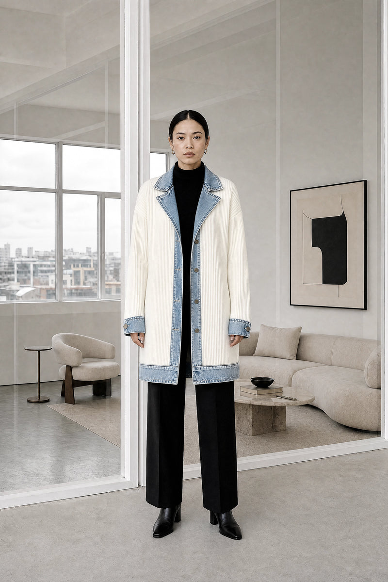 Karen | Contrast Texture Blazer in White, studio front view