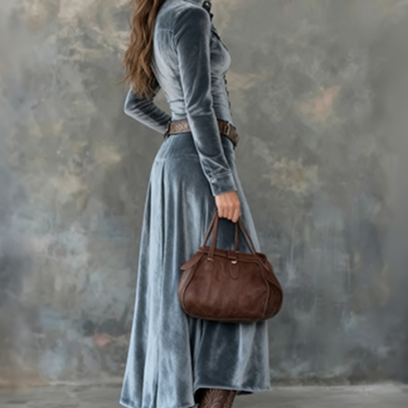 Velvet Maxi Shirt Dress for Women with Button Front and Chest Pockets in Blue, back view
