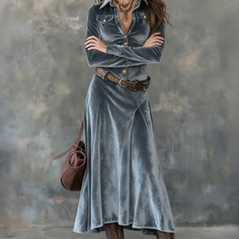 Velvet Maxi Shirt Dress for Women with Button Front and Chest Pockets in Blue, front close-up