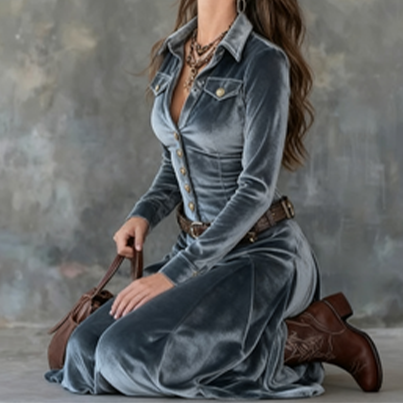 Velvet Maxi Shirt Dress for Women with Button Front and Chest Pockets in Blue, kneeling view