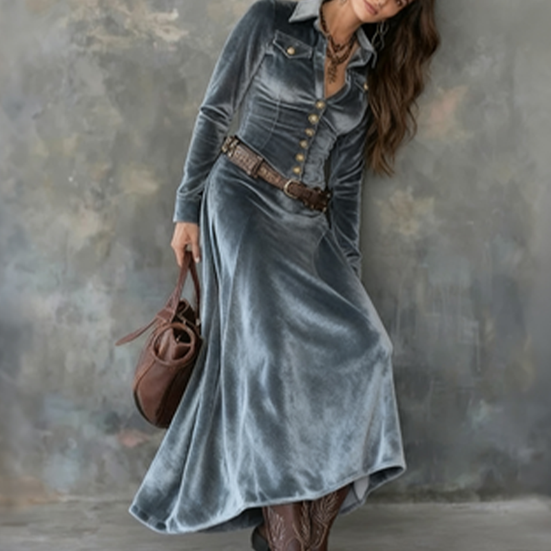 Velvet Maxi Shirt Dress for Women with Button Front and Chest Pockets in Blue, side lean view