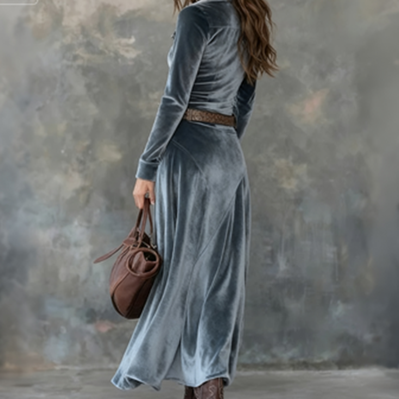 Velvet Maxi Shirt Dress for Women with Button Front and Chest Pockets in Blue, side view