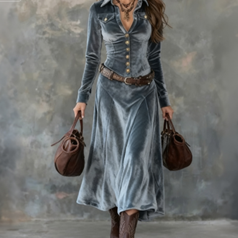 Velvet Maxi Shirt Dress for Women with Button Front and Chest Pockets in Blue, styled front view
