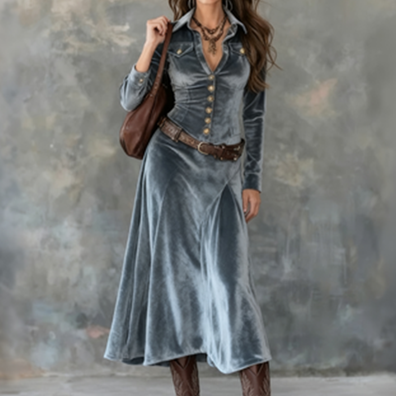 Velvet Maxi Shirt Dress for Women with Button Front and Chest Pockets in Blue, three-quarter view
