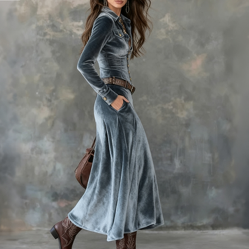 Velvet Maxi Shirt Dress for Women with Button Front and Chest Pockets in Blue, walking side view