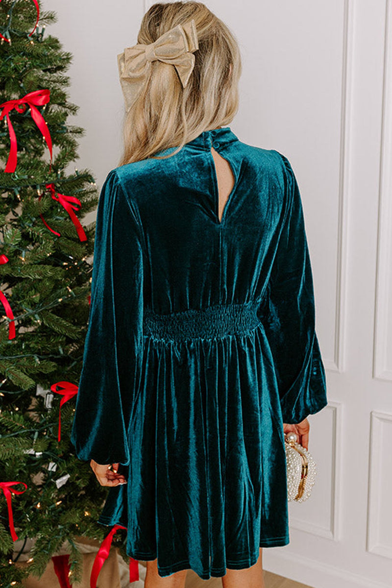 Keyhole Velvet Mini Dress for Women with High Neck and Puff Sleeves in Teal, back view