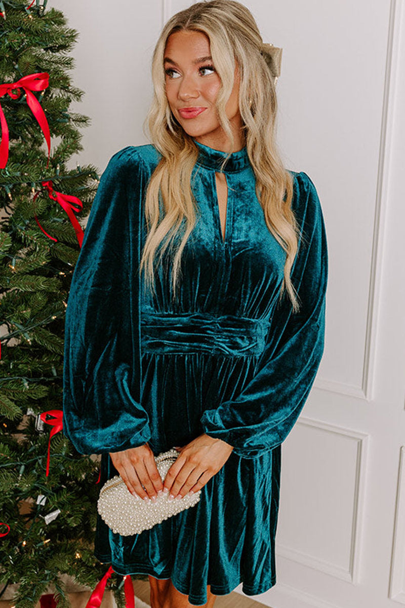 Keyhole Velvet Mini Dress for Women with High Neck and Puff Sleeves in Teal, front close-up