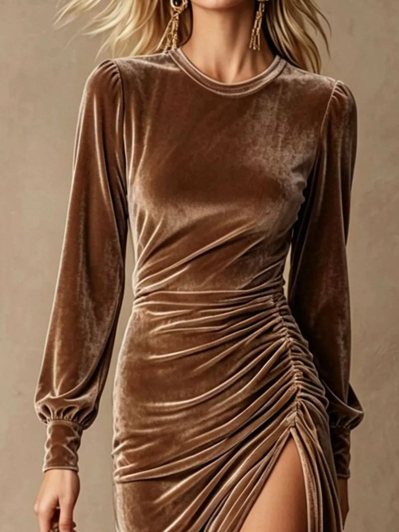 Long Sleeve Velvet Midi Dress for Women with Side Ruching and High Slit in Brown, close-up
