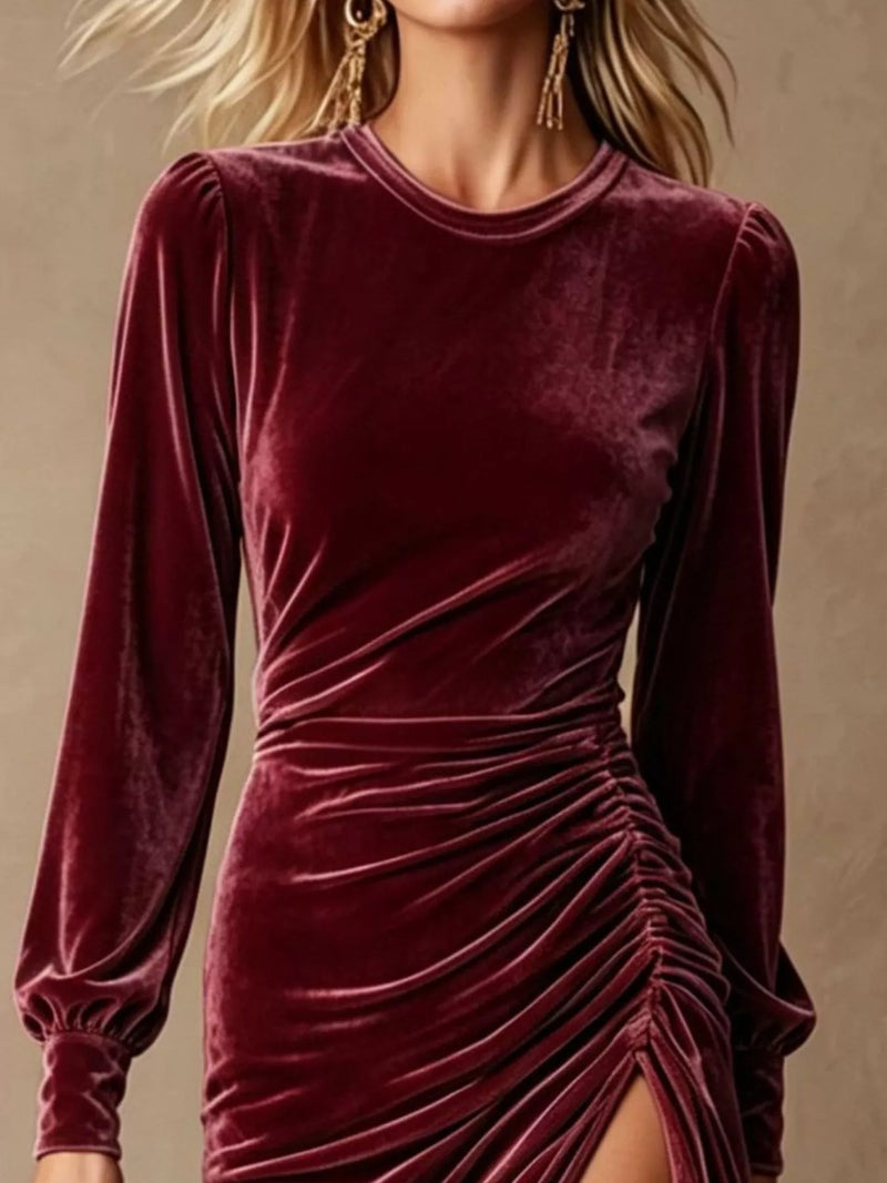 Long Sleeve Velvet Midi Dress for Women with Side Ruching and High Slit in Burgundy, close-up