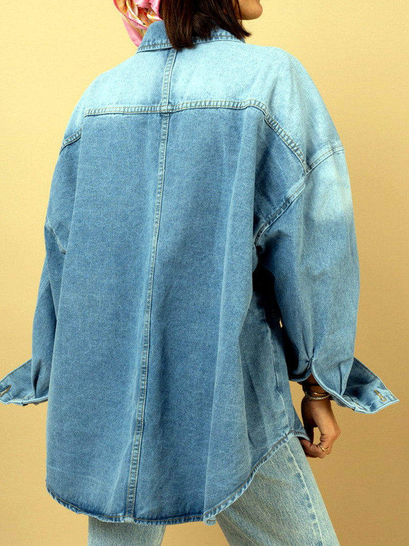 Oversized Denim Shirt Jacket for Women with Statement Buttons in Blue, back view