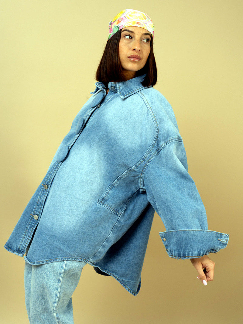 Oversized Denim Shirt Jacket for Women with Statement Buttons in Blue, side view
