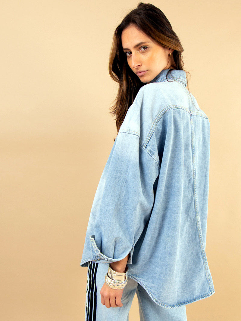 Oversized Denim Shirt Jacket for Women with Statement Buttons in Light Blue, back view