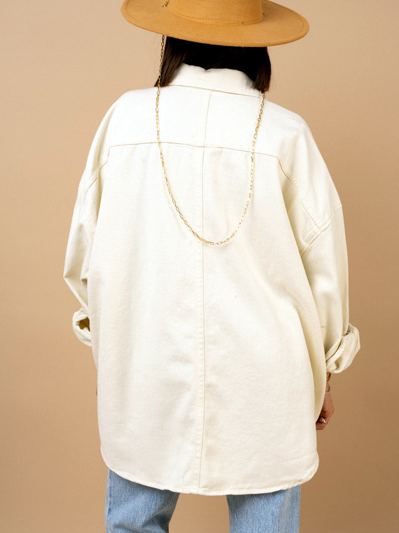 Oversized Denim Shirt Jacket for Women with Statement Buttons in White, back view