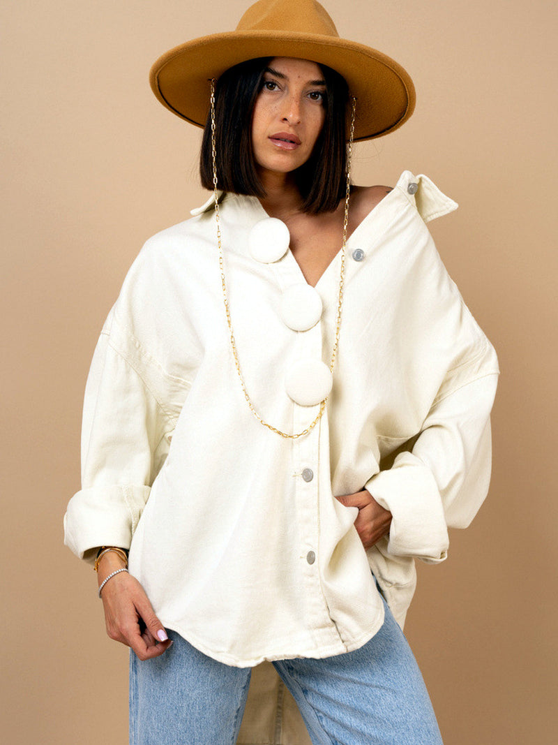 Oversized Denim Shirt Jacket for Women with Statement Buttons in White, front view