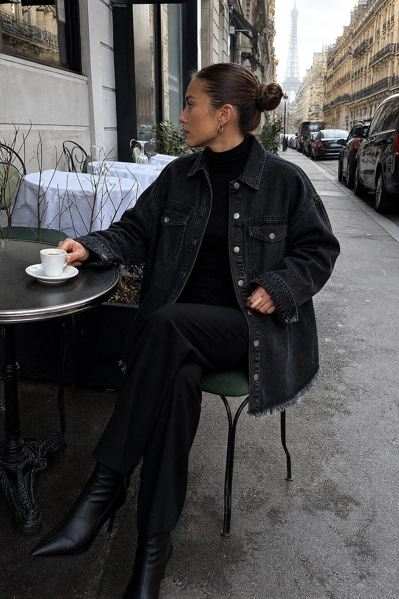 SOFAINE-V7-LIFE-Katherine | Denim-Style Jacket in Black, café scene