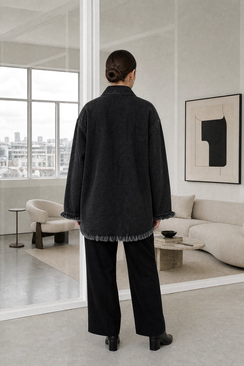 Katherine | Denim-Style Jacket in Black, studio back view