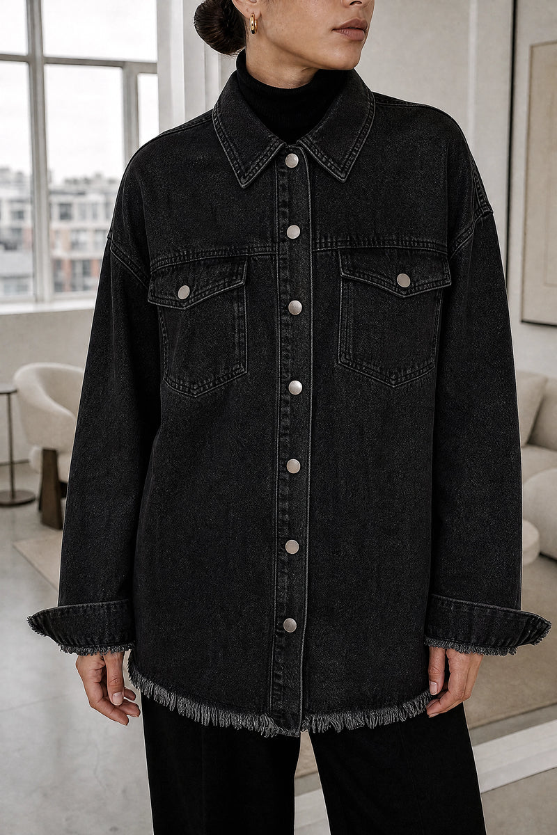 Katherine | Denim-Style Jacket in Black, fabric close-up